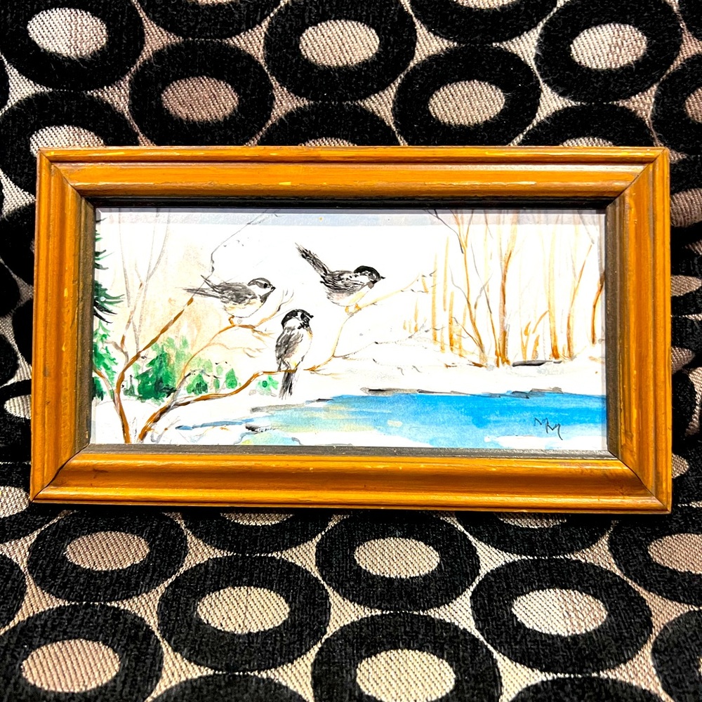Framed acrylic painting of Birds in Winter
